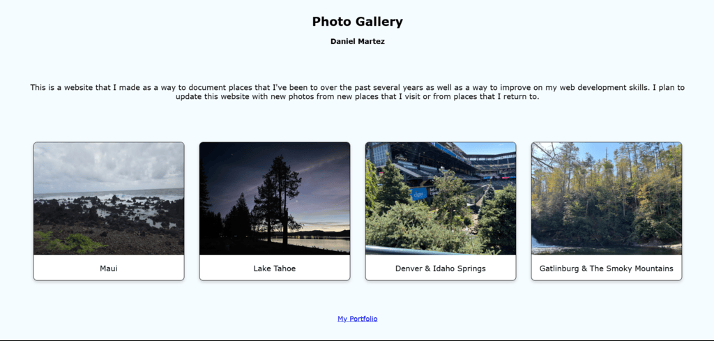 Home page of photo gallery website